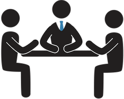 Three stylized figures sit around a table on a landing page, appearing to be in discussion. The central figure wears a tie, suggesting a formal setting or a business meeting.