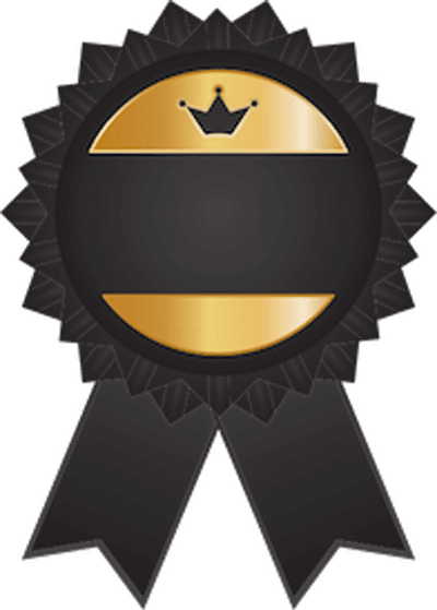 Black and gold rosette award ribbon with a crown symbol on top, featuring a circular center and two hanging ribbons on landing page 2.