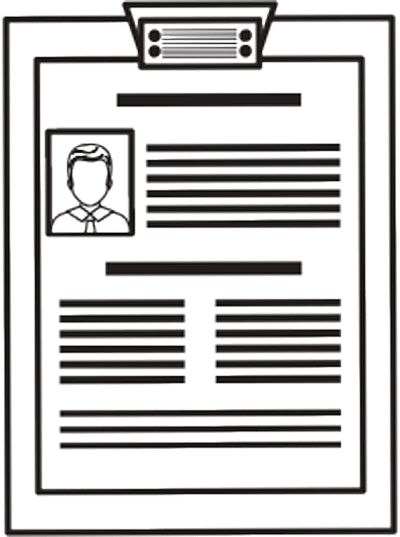 A black and white line drawing of a clipboard with a detailed personal ID card attached, featuring a portrait, text fields, and decorative elements at the top, suitable for a landing page.