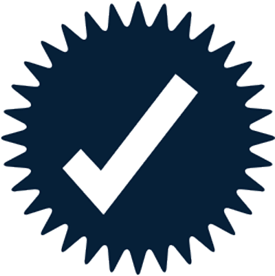 A stylized graphic of a green check mark designed for a landing page, set inside a dark blue circular seal with jagged edges, against a solid dark green background.