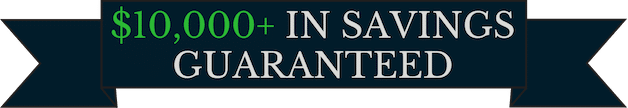 Banner for the landing page with the text "$10,000+ in Savings Guaranteed" in ornate white font on a dark green background with gold trim.