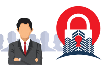 An illustration of a man in a suit with a GPS pin and padlock overlaying arrows and silhouettes, symbolizing asset protection through secure location services.