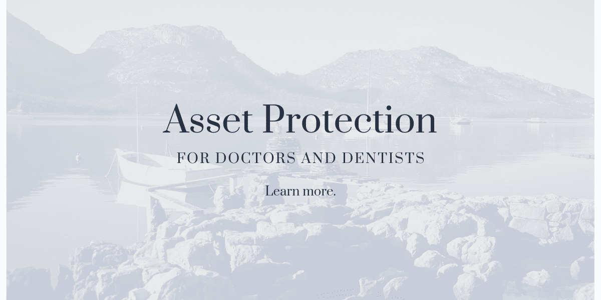 Promotional image for asset protection services targeted at medical practice professionals, including doctors and dentists, featuring a serene lake setting with mountains in the background and a small boat, overlaid with text.