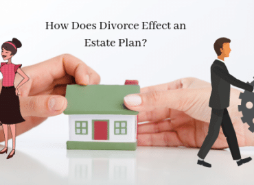Image illustrating the impact of divorce on estate planning, with a cartoon of a happy family on the left and a man adjusting a house model with gear wheels, symbolizing adjustment and control, on the right. Text reads "How Does Divorce Affect an Estate Plan?