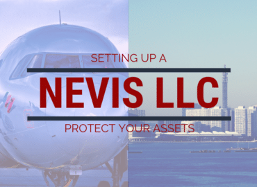Split image with a commercial airplane on the left and Mount Fuji on the right, overlaid with text "Key Strategy: Setting Up A Nevis LLC - Protect Your Assets.