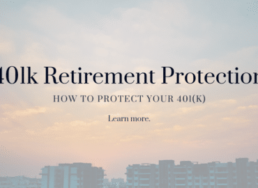 Text overlay reading "Protect Your Retirement - How to protect your 401(k)" with a "Learn more" button, against a soft focus background of a city skyline during sunset.