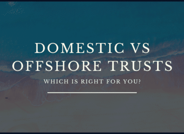Text overlay saying "Domestic Trusts vs Offshore Trusts - Which is Right for You?" on a background showing a tranquil aerial view of a shoreline with gentle waves.