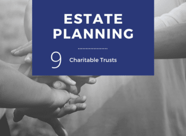Promotional image featuring a monochrome photo of two hands clasped, symbolizing support, next to a blue box labeled "ESTATE PLANNING 9 Estate Taxes".