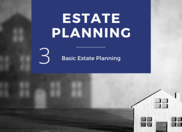 A graphical image displaying the theme of estate planning with a small white model house in the foreground and the shadow of a larger house in the background. A blue banner with text reads "BASIC ESTATE PLANNING: 3 Fundamental Steps.