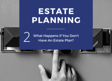 A hand pushing a flip chart block labeled "Estate Planning" with a banner reading "2. What Happens If You Don't Have An Estate Plan?" against a gray wall.