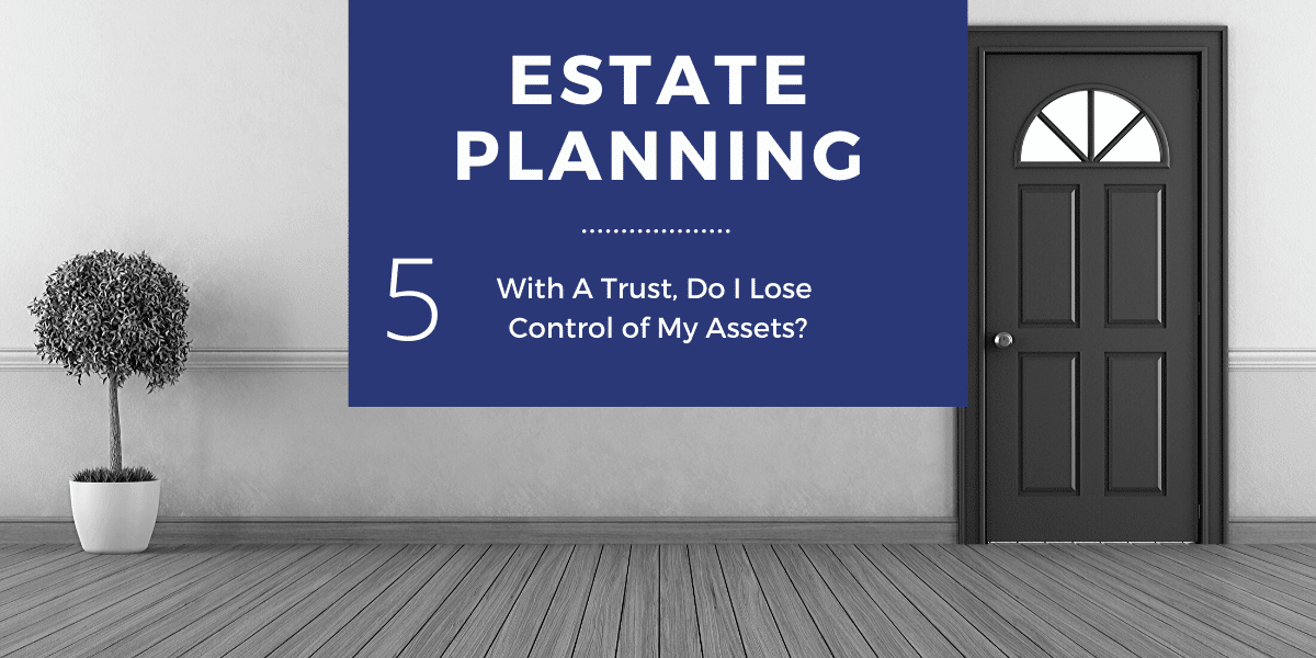 A graphic image featuring a poster beside a door. The poster reads "ESTATE PLANNING - With A Trust, Can I Change Beneficiary Designations?" in a modern room with a potted plant.