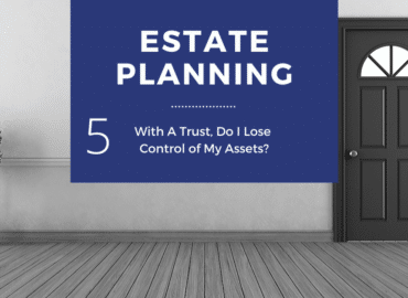 A graphic image featuring a poster beside a door. The poster reads "ESTATE PLANNING - With A Trust, Can I Change Beneficiary Designations?" in a modern room with a potted plant.