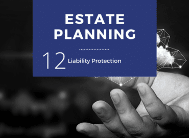 A graphic promoting "Estate Planning" with a subtitle "Liability Protection". It features a grayscale image of a person holding a glowing geometric shape, symbolizing protection or safeguarding.