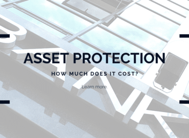 A graphic featuring the text "Asset Protection Trust, How Much Does It Cost?" overlaying a blue-toned aerial view of constructed beams, with a 'Learn more' button and directional arrows.