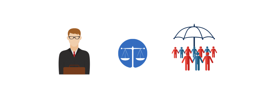Graphic depicting a lawyer, a set of scales, an umbrella, and a diverse group of people, symbolizing trust litigation and justice services for all.